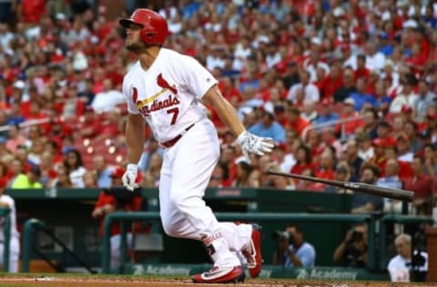 Jun 29, 2016; St. Louis, MO, USA; St. Louis Cardinals left fielder Matt Holliday (7) at bat against the Kansas City Royals at Busch Stadium. Mandatory Credit: Billy Hurst-USA TODAY Sports