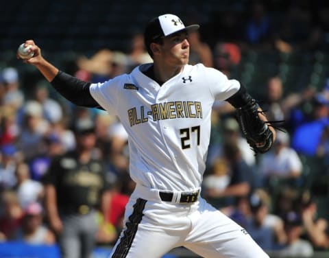 Aug 15, 2015; Chicago, IL, USA; National pitcher Riley Pint (27) pitches during the first inning in the Under Armour All America Baseball game against the American team at Wrigley field. Mandatory Credit: David Banks-USA TODAY Sports