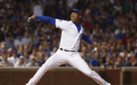 Aug 11, 2016; Chicago, IL, USA; Chicago Cubs relief pitcher Aroldis Chapman (54) delivers against the St. Louis Cardinals during the ninth inning at Wrigley Field. Mandatory Credit: Kamil Krzaczynski-USA TODAY Sports