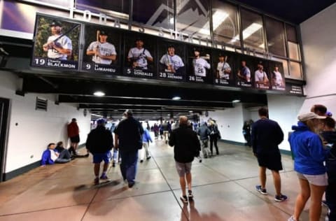 Aug 19, 2016; Denver, CO, USA; Colorado Rockies starting line up of player profiles before the game against the Chicago Cubs at Coors Field. Mandatory Credit: Ron Chenoy-USA TODAY Sports