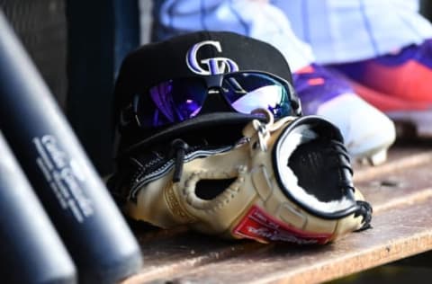 Aug 21, 2016; Denver, CO, USA; General view of the Colorado Rockies gear in the dugout during the eighth inning against the Chicago Cubs at Coors Field. The Rockies defeated the Cubs 11-4. Mandatory Credit: Ron Chenoy-USA TODAY Sports