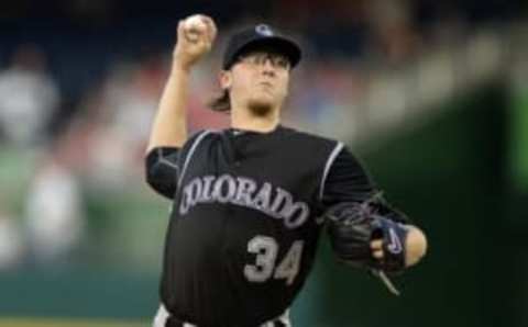 Aug 26, 2016; Washington, DC, USA; Colorado Rockies starting pitcher Jeff Hoffman (34) pitches during the first inning against the Washington Nationals at Nationals Park. Mandatory Credit: Tommy Gilligan-USA TODAY Sports