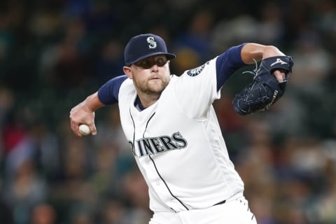 Aug 9, 2016; Seattle, WA, USA; Seattle Mariners relief pitcher Drew Storen (45) throws against the Detroit Tigers during the twelfth inning at Safeco Field. Mandatory Credit: Joe Nicholson-USA TODAY Sports