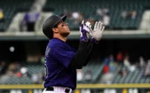 Aug 31, 2016; Denver, CO, USA; Colorado Rockies first baseman Stephen Cardullo (65) reacts to his grand slam in the first inning against the Los Angeles Dodgers at Coors Field. Mandatory Credit: Ron Chenoy-USA TODAY Sports