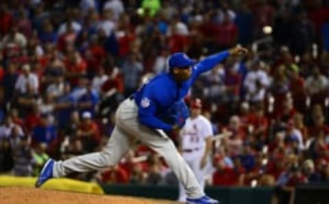 Sep 12, 2016; St. Louis, MO, USA; Chicago Cubs relief pitcher Aroldis Chapman (54) pitches to a St. Louis Cardinals batter during the ninth inning at Busch Stadium. The Cubs won 4-1. Mandatory Credit: Jeff Curry-USA TODAY Sports