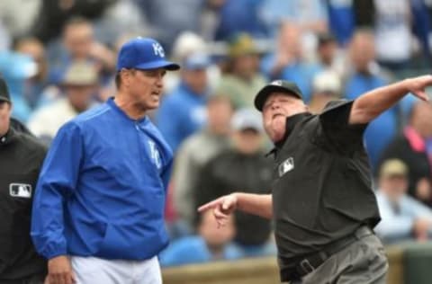 Apr 19, 2015; Kansas City, MO, USA; Kansas City Royals bench coach Don Wakamatsu (left) is ejected from the game by crew chief Jim Joyce (right) after pitcher 