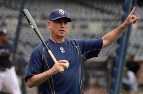 Jun 12, 2015; San Diego, CA, USA; San Diego Padres manager Bud Black (20) gestures before the game against the Los Angeles Dodgers at Petco Park. Mandatory Credit: Jake Roth-USA TODAY Sports