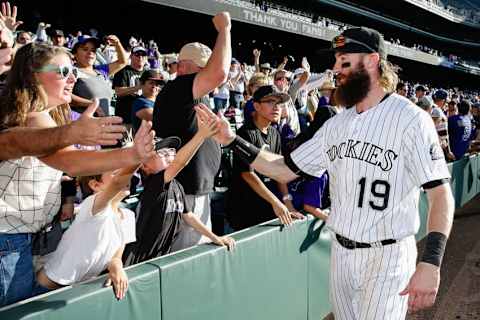 Oct 2, 2016; Denver, CO, USA; Colorado Rockies center fielder Charlie Blackmon (19) greets fans following the game against the Milwaukee Brewers at Coors Field. Mandatory Credit: Isaiah J. Downing-USA TODAY Sports