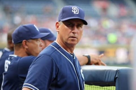 Jun 8, 2015; Atlanta, GA, USA; San Diego Padres manager Bud Black (20) watches a game against the Atlanta Braves in the second inning at Turner Field. Mandatory Credit: Brett Davis-USA TODAY Sports