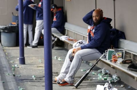 Mar 21, 2016; Melbourne, FL, USA; Houston Astros designated hitter Jon Singleton (21) sits in the dugout during the sixth inning against the Washington Nationals at Space Coast Stadium. The Washington Nationals won 5-3. Mandatory Credit: Logan Bowles-USA TODAY Sports