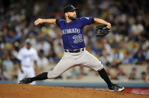 September 22, 2016; Los Angeles, CA, USA; Colorado Rockies starting pitcher Tyler Chatwood (32) throws in the third inning against the Los Angeles Dodgers at Dodger Stadium. Mandatory Credit: Gary A. Vasquez-USA TODAY Sports