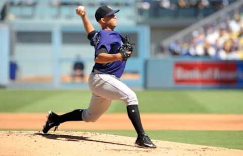 September 25, 2016; Los Angeles, CA, USA; Colorado Rockies starting pitcher Tyler Anderson (44) throws in the second inning against the Los Angeles Dodgers at Dodger Stadium. Mandatory Credit: Gary A. Vasquez-USA TODAY Sports