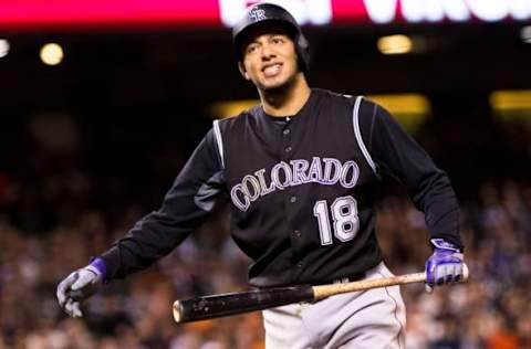 Sep 27, 2016; San Francisco, CA, USA; Colorado Rockies shortstop Cristhian Adames (18) reacts after taking a strike against the San Francisco Giants in the fifth inning at AT&T Park. Mandatory Credit: John Hefti-USA TODAY Sports