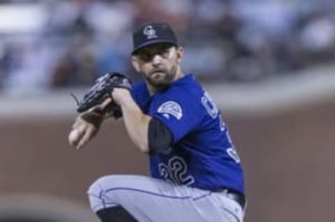 Sep 28, 2016; San Francisco, CA, USA; Colorado Rockies starting pitcher Tyler Chatwood (32) delivers a pitch during the first inning against the San Francisco Giants at AT&T Park. Mandatory Credit: Neville E. Guard-USA TODAY Sports