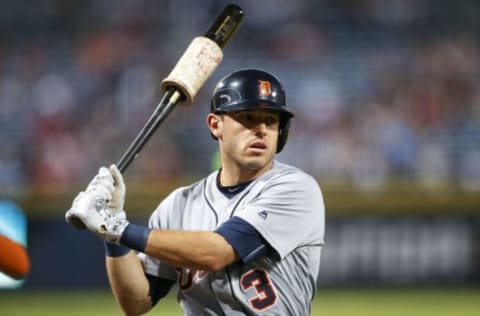 Sep 30, 2016; Atlanta, GA, USA; Detroit Tigers second baseman Ian Kinsler (3) prepares for an at bat against the Atlanta Braves in the first inning at Turner Field. Mandatory Credit: Brett Davis-USA TODAY Sports