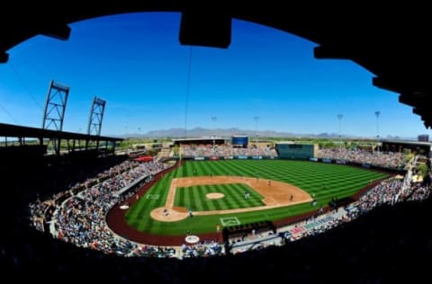 Mar 20, 2016; Salt River Pima-Maricopa, AZ, USA; General view of the game between the Colorado Rockies and the San Francisco Giants at Salt River Fields at Talking Stick. Mandatory Credit: Matt Kartozian-USA TODAY Sports