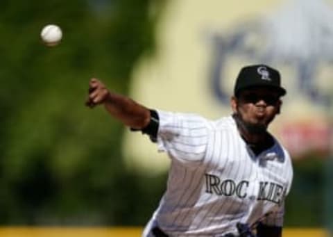 Oct 2, 2016; Denver, CO, USA; Colorado Rockies starting pitcher German Marquez (67) delivers a pitch in the first inning against the Milwaukee Brewers at Coors Field. Mandatory Credit: Isaiah J. Downing-USA TODAY Sports