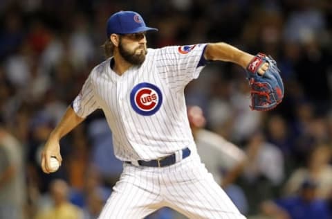 Sep 19, 2016; Chicago, IL, USA; Chicago Cubs starting pitcher Jason Hammel (39) delivers a pitch during the first inning against the Cincinnati Reds at Wrigley Field. Mandatory Credit: Caylor Arnold-USA TODAY Sports