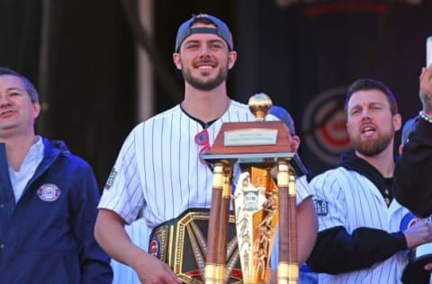 Nov 4, 2016; Chicago, IL, USA; Chicago Cubs third baseman Kris Bryant (17) during the World Series victory rally in Grant Park. Mandatory Credit: Dennis Wierzbicki-USA TODAY Sports