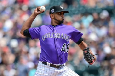 DENVER, CO – JULY 29: German Marquez #48 of the Colorado Rockies pitches against the Oakland Athletics in the second inning of a game during interleague play at Coors Field on July 29, 2018 in Denver, Colorado. (Photo by Dustin Bradford/Getty Images)