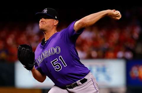 ST. LOUIS, MO – JULY 30: Jake McGee #51 of the Colorado Rockies delivers a pitch against the St. Louis Cardinals in the tenth inning at Busch Stadium on July 30, 2018 in St. Louis, Missouri. (Photo by Dilip Vishwanat/Getty Images)