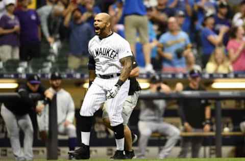 MILWAUKEE, WI – AUGUST 03: Eric Thames #7 of the Milwaukee Brewers celebrates a three run walk off home run against the Colorado Rockies during the ninth inning of a game at Miller Park on August 3, 2018 in Milwaukee, Wisconsin. (Photo by Stacy Revere/Getty Images)