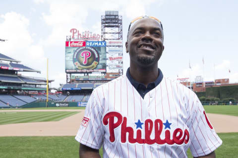 PHILADELPHIA, PA – AUGUST 5: Former shortstop Jimmy Rollins #11 of the Philadelphia Phillies looks on from the field prior to the game against the Miami Marlins at Citizens Bank Park on August 5, 2018 in Philadelphia, Pennsylvania. (Photo by Mitchell Leff/Getty Images)