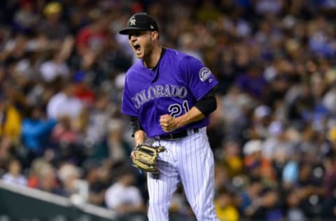 DENVER, CO – AUGUST 6: Kyle Freeland #21 of the Colorado Rockies celebrates after the third out of the seventh inning of a game against the Pittsburgh Pirates at Coors Field on August 6, 2018 in Denver, Colorado. (Photo by Dustin Bradford/Getty Images)