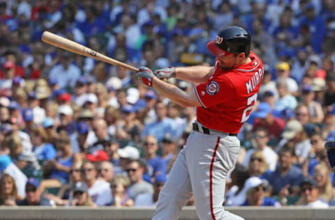 CHICAGO, IL – AUGUST 11: Daniel Murphy #20 of the Washington Nationals bats against the Chicago Cubs at Wrigley Field on August 11, 2018 in Chicago, Illinois. The Nationals defeated the Cubs 9-4. (Photo by Jonathan Daniel/Getty Images)