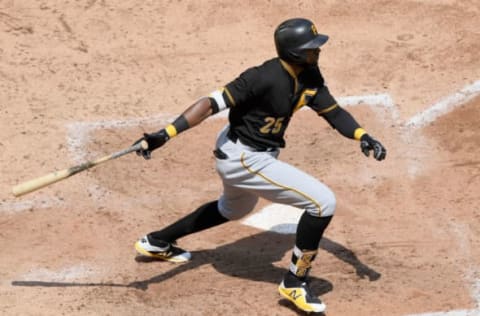 MINNEAPOLIS, MN – AUGUST 15: Gregory Polanco #25 of the Pittsburgh Pirates hits a two-run single against the Minnesota Twins during the fourth inning of the interleague game on August 15, 2018 at Target Field in Minneapolis, Minnesota. The Twins defeated the Pirates 6-4. (Photo by Hannah Foslien/Getty Images)