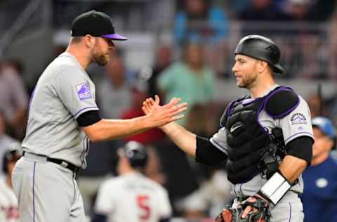 ATLANTA, GA – AUGUST 18: Wade Davis #71 and Chris Iannetta #22 (R) of the Colorado Rockies celebrate after the game against the Atlanta Braves at SunTrust Park on August 18, 2018 in Atlanta, Georgia. (Photo by Scott Cunningham/Getty Images)