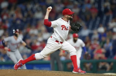 PHILADELPHIA, PA – AUGUST 28: Pat Neshek #93 of the Philadelphia Phillies throws a pitch in the ninth inning during a game against the Washington Nationals at Citizens Bank Park on August 28, 2018 in Philadelphia, Pennsylvania. The Nationals won 5-4. (Photo by Hunter Martin/Getty Images)