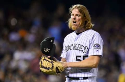 DENVER, CO – SEPTEMBER 7: Jon Gray #55 of the Colorado Rockies reacts angrily after the end of the fourth inning of a game against the Los Angeles Dodgers at Coors Field on September 7, 2018 in Denver, Colorado. (Photo by Dustin Bradford/Getty Images)