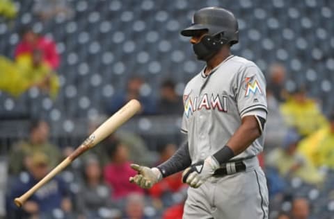 PITTSBURGH, PA – SEPTEMBER 08: Lewis Brinson #9 of the Miami Marlins flips his bat after striking out in the sixth inning during the game against the Pittsburgh Pirates at PNC Park on September 8, 2018 in Pittsburgh, Pennsylvania. (Photo by Justin Berl/Getty Images)