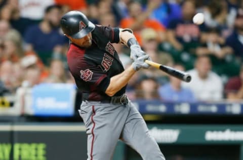 HOUSTON, TX – SEPTEMBER 14: A.J. Pollock #11 of the Arizona Diamondbacks hits a single to center field in the eighth inning against the Houston Astros at Minute Maid Park on September 14, 2018 in Houston, Texas. (Photo by Bob Levey/Getty Images)