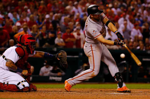 ST. LOUIS, MO – SEPTEMBER 21: Evan Longoria #10 of the San Francisco Giants strikes out against the St. Louis Cardinals in the ninth inning at Busch Stadium on September 21, 2018 in St. Louis, Missouri. (Photo by Dilip Vishwanat/Getty Images)