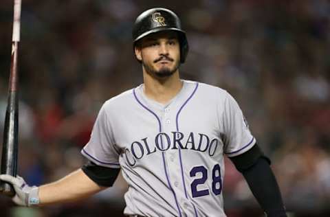 PHOENIX, AZ – SEPTEMBER 22: Nolan Arenado #28 of the Colorado Rockies reacts after striking out against the Arizona Diamondbacks during the sixth inning of an MLB game at Chase Field on September 22, 2018 in Phoenix, Arizona. (Photo by Ralph Freso/Getty Images)