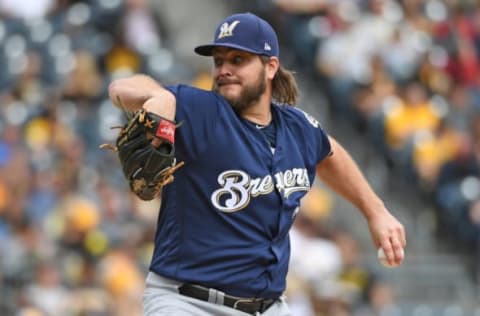 PITTSBURGH, PA – SEPTEMBER 23: Wade Miley #20 of the Milwaukee Brewers delivers a pitch in the first inning during the game against the Pittsburgh Pirates at PNC Park on September 23, 2018 in Pittsburgh, Pennsylvania. (Photo by Justin Berl/Getty Images)