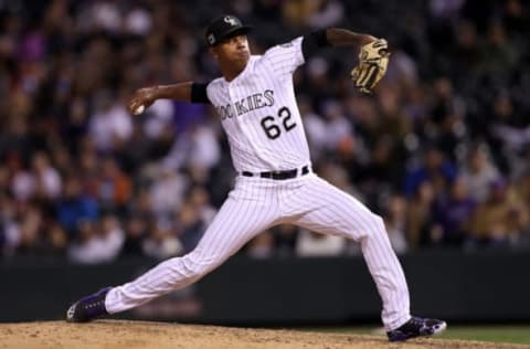 DENVER, CO – SEPTEMBER 25: Pitcher Yency Almonte #62 of the Colorado Rockies throws in the eighth inning against the Philadelphia Phillies at Coors Field on September 25, 2018 in Denver, Colorado. (Photo by Matthew Stockman/Getty Images)