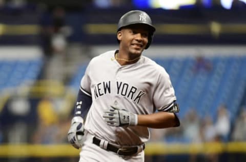 ST PETERSBURG, FL – SEPTEMBER 27: Miguel Andujar #41 of the New York Yankees hits a three-run homer in the first inning against the Tampa Bay Rays on September 27, 2018 at Tropicana Field in St Petersburg, Florida. (Photo by Julio Aguilar/Getty Images)