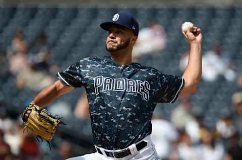 SAN DIEGO, CA – SEPTEMBER 30: Joey Lucchesi #37 of the San Diego Padres pitches during the first inning of a baseball game against the Arizona Diamondbacks at PETCO Park on September 30, 2018 in San Diego, California. (Photo by Denis Poroy/Getty Images)