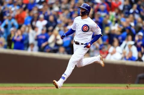 CHICAGO, IL – SEPTEMBER 30: Kris Bryant #17 of the Chicago Cubs hits a two run double in the fifth inning against the St. Louis Cardinals at Wrigley Field on September 30, 2018 in Chicago, Illinois. (Photo by Andrew Weber/Getty Images)