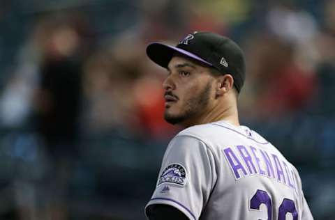 PHOENIX, AZ – SEPTEMBER 22: Nolan Arenado #28 of the Colorado Rockies looks on prior to an MLB game against the Arizona Diamondbacks at Chase Field on September 22, 2018 in Phoenix, Arizona. (Photo by Ralph Freso/Getty Images)