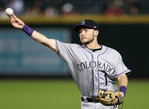 PHOENIX, AZ – SEPTEMBER 22: Garrett Hampson #1 of the Colorado Rockies throws prior to an MLB game against the Arizona Diamondbacks at Chase Field on September 22, 2018 in Phoenix, Arizona. (Photo by Ralph Freso/Getty Images)