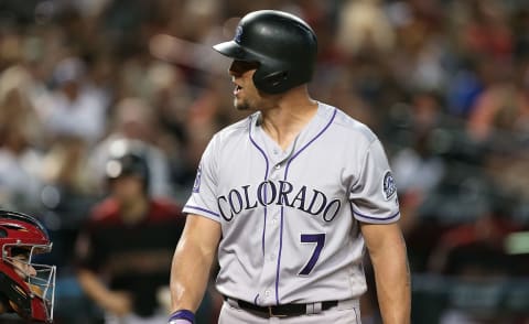 PHOENIX, AZ – SEPTEMBER 22: Matt Holliday #7 of the Colorado Rockies looks back at the home plate umpire after being called out on strikes during the third inning of an MLB game against the Arizona Diamondbacks at Chase Field on September 22, 2018 in Phoenix, Arizona. (Photo by Ralph Freso/Getty Images)