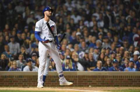 CHICAGO, IL – OCTOBER 02: Kris Bryant #17 of the Chicago Cubs reacts after striking out in the first inning against the Colorado Rockies during the National League Wild Card Game at Wrigley Field on October 2, 2018 in Chicago, Illinois. (Photo by Stacy Revere/Getty Images)