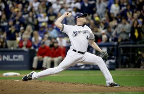 MILWAUKEE, WI – OCTOBER 20: Corey Knebel #46 of the Milwaukee Brewers throws a pitch against the Los Angeles Dodgers in Game Seven of the National League Championship Series at Miller Park on October 20, 2018 in Milwaukee, Wisconsin. (Photo by Jonathan Daniel/Getty Images)