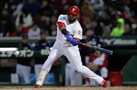 HIROSHIMA, JAPAN – NOVEMBER 13: Infielder Carlos Santana #41 of the Philadelhia Phillies grounds out in the bottom of 6th inning during the game four between Japan and MLB All Stars at Mazda Zoom Zoom Stadium Hiroshima on November 13, 2018 in Hiroshima, Japan. (Photo by Kiyoshi Ota/Getty Images)