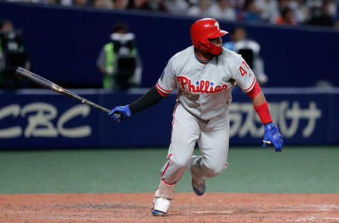 NAGOYA, JAPAN – NOVEMBER 14: Infielder Carlos Santana #41 of the Philadelhia Phillies hits a double in the top of 8th inning during the game five between Japan and MLB All Stars at Nagoya Dome on November 14, 2018 in Nagoya, Aichi, Japan. (Photo by Kiyoshi Ota/Getty Images)