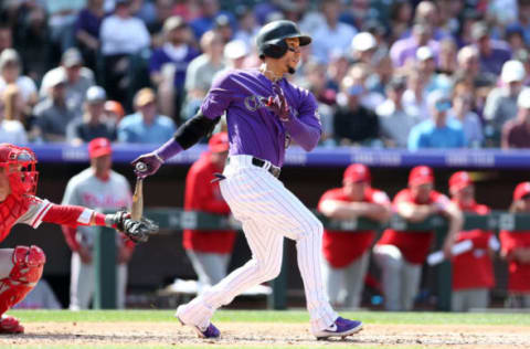 DENVER, CO – SEPTEMBER 27: Carlos Gonzalez #5 of the Colorado Rockies bats during the game against the Philadelphia Phillies at Coors Field on September 27, 2018, in Denver, Colorado. The Rockies defeated the Phillies 6-4. (Photo by Rob Leiter/MLB Photos via Getty Images)